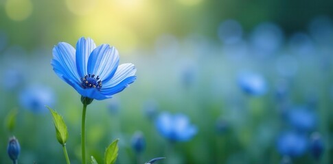 Intense blue flower field, gently blurred background, pastel, background, bokeh