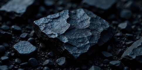 Intricate black coal stone, granular pattern Shadows accentuate uneven surface , fuel, pattern