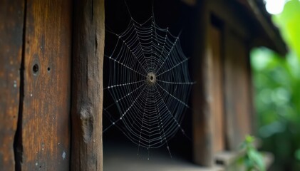 Intricate cobweb clinging to ancient Thai house's weathered wood , rural, cobweb