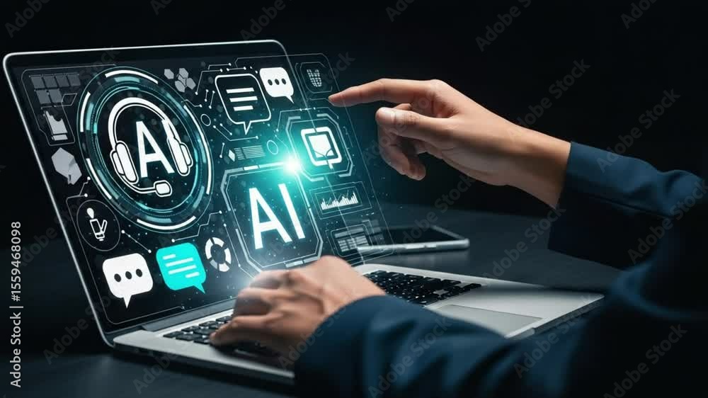 Leinwandbilder Person using laptop with ai interface overlay showing charts and data visualizations on screen