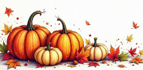 Intricate line art pumpkins, autumn leaves Fall harvest coloring page , fall, background, clipart