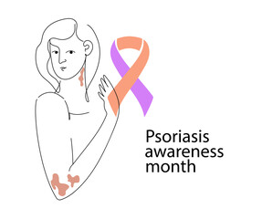 Psoriasis awareness month concept with woman having skin patches. Health month. Global skin disorder awareness. International disease concept.Linear  png vector illustration.