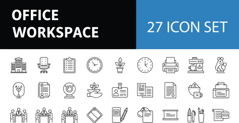 Obraz premium Office Workspace: Essential Black Line Icons Set