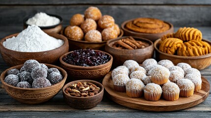 Assorted baked goods displayed in rustic bowls and platters.