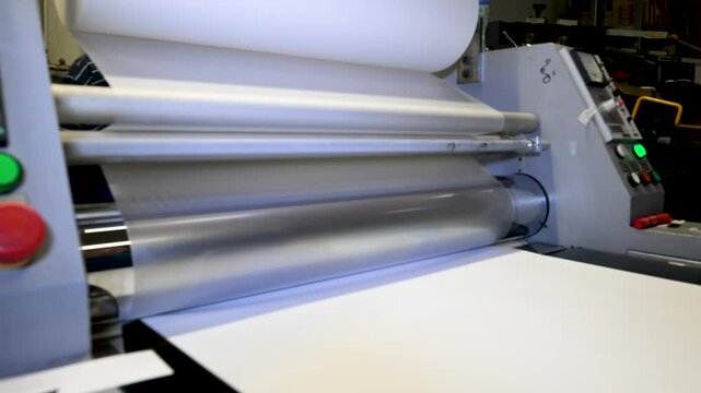 An industrial laminator works by laminating, applying a transparent film to paper in the production room of a printing house