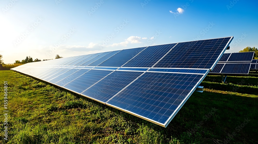 Poster sustainable power generation using advanced solar panels positioned in a green field with an efficie
