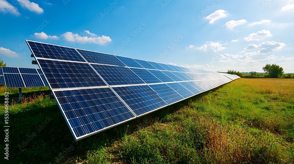 Poster sustainable power generation using advanced solar panels positioned in a green field with an efficie