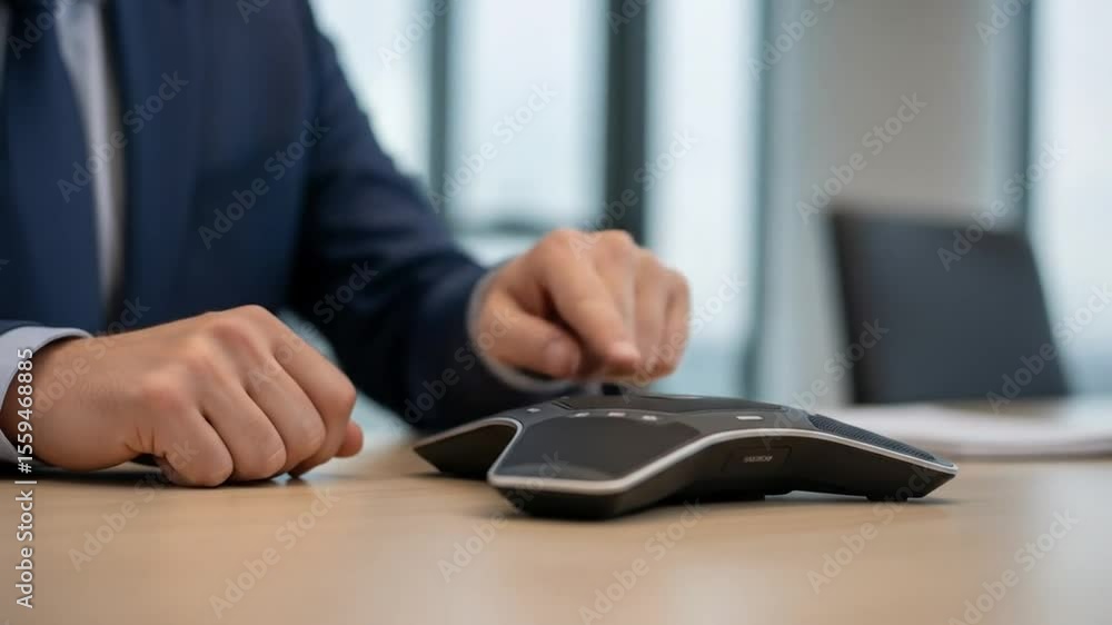 Poster close up sequence of businessman using conference speakerphone for communication