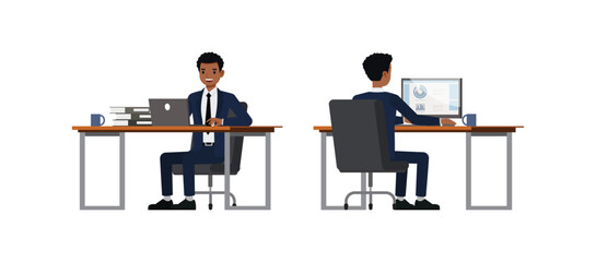 Businessman in Blue Suit Working in Office – Flat Vector Character Set in Various Poses.