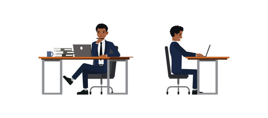 Businessman in Blue Suit Working in Office – Flat Vector Character Set in Various Poses.