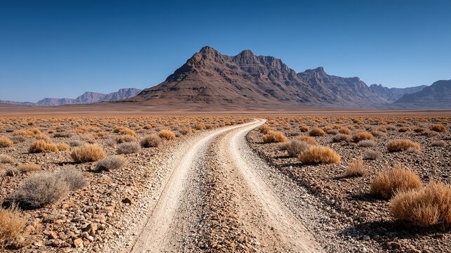Dusty desert track winding through arid landscape. - Powered by Adobe