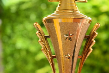beautiful golden trophy of football contest on green tree background