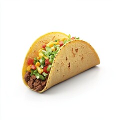 Ground Beef Taco with Lettuce, Tomatoes and Cheese on White Background
