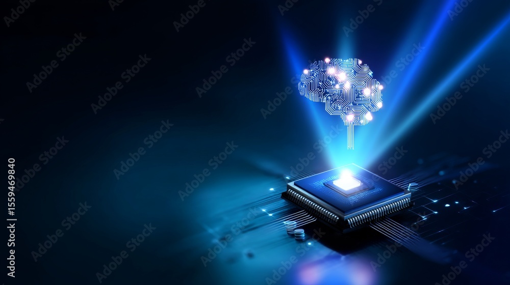 Aufkleber abstract blue background with light beams illuminating a futuristic brain on a microchip design