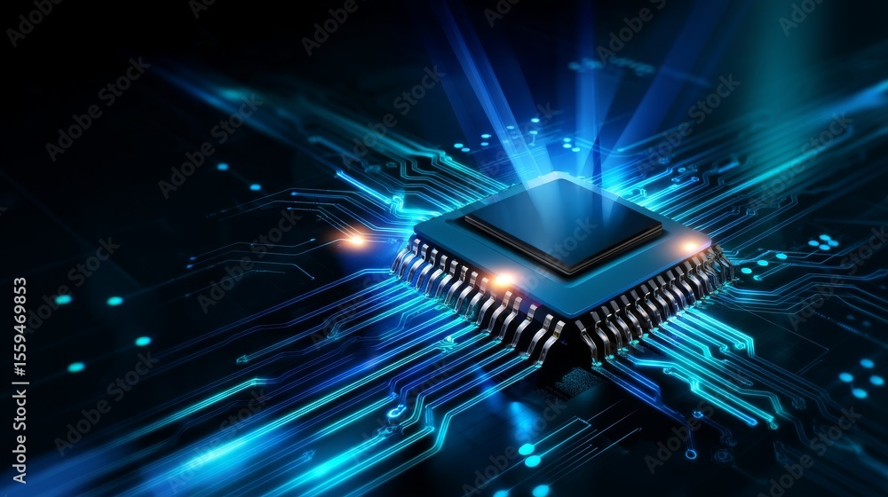 Poster isometric blue graphic featuring a chip with light rays and circuit patterns in a modern design
