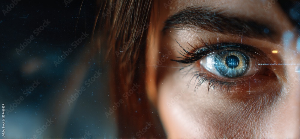 Poster close up of an eye with digital data overlay and abstract symbol illustrating technology and vision 