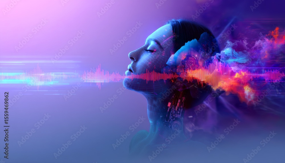 Poster digital illustration of an ai robot head with holographic elements and colorful background in a futu