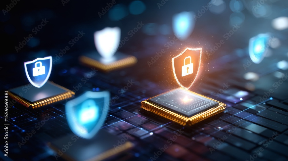Poster digital illustration featuring multiple security symbols on a high-tech background for technology co