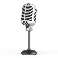 Silver Vintage Microphone on Stand Against White Background
