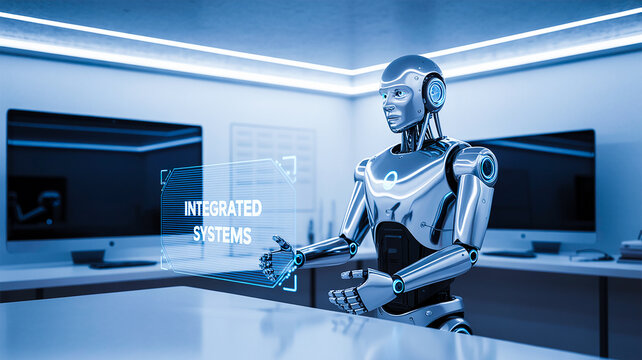 Chrome Robot Interacting with Integrated Systems Hologram