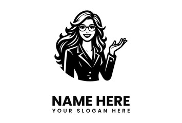 A smiling businesswoman with flowing hair, wearing glasses, and gesturing with her hand.