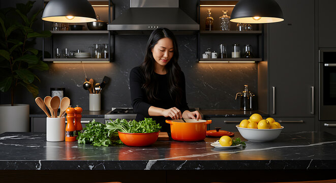 Woman With Long Hair Cooking Delicious Meal in Modern Kitchen