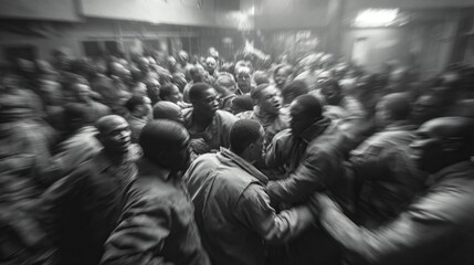 Large Group of People Gather, Looking Up, in a Crowded Indoor Space with Focused, Black and White View