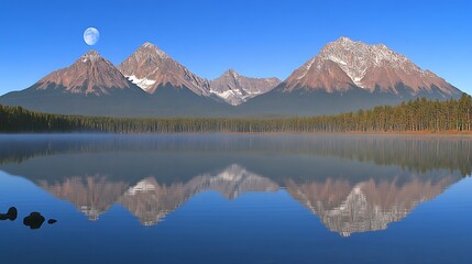 Serene mountain panorama reflecting on calm lake under the moon's soft glow
