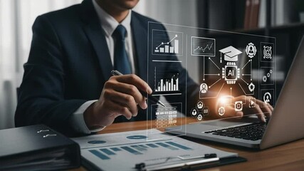 Man in suit analyzing ai data on laptop with charts and graphs on transparent screen overlayed image - Powered by Adobe