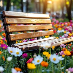 Inviting park bench surrounded by a colorful sea of vibrant wildflowers bloom
