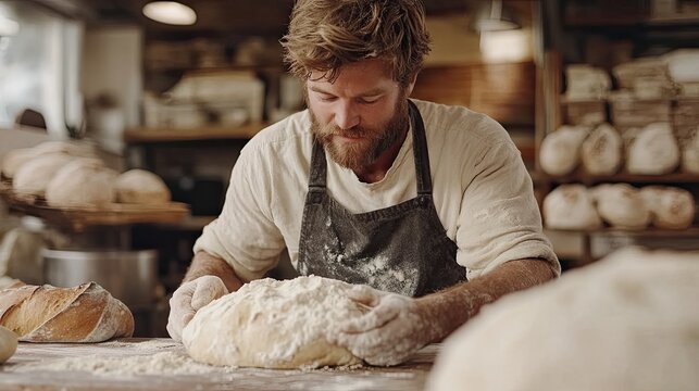 Baker scoring sourdough bread, showcasing traditional bread-making techniques