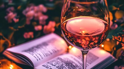 Tranquil evening scene with wine, book, and floral reflections ambiance