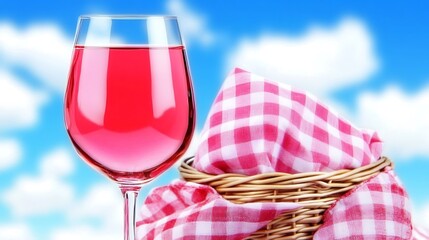 Refreshing pink drink with picnic basket against a cloudy blue sky backdrop