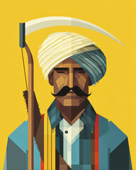 Obraz premium Indian farmer with turban and mustache, holding traditional sickle, stands against bright yellow background. geometric design adds modern touch to cultural representation