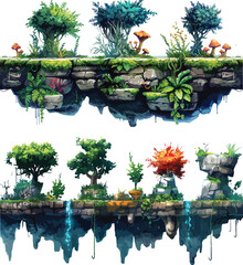  Cartoon Forest Tile Set  , garden pond with flowers