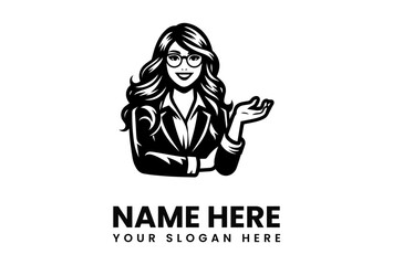 Stylish businesswoman logo, black and white illustration,  presenting, confident,  glasses, long hair.