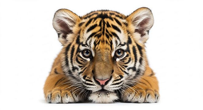 Adorable tiger cub stares intently bright studio lighting. AI Generated
