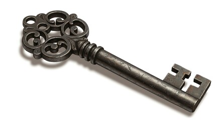 Ornate antique key lying on a white background.