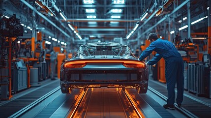 Automotive engineer at futuristic assembly line using advanced technology for car manufacturing. 