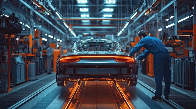 Automotive engineer at futuristic assembly line using advanced technology for car manufacturing. 