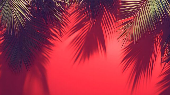 Vibrant Red Background with Palm Leaf Shadows Summer Tropical Design