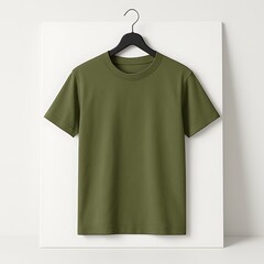 A Plain Olive Green T-Shirt On A Black Hanger Is Displayed Against A White Rectangular Panel And Wall, Apparel Mockup, Minimalist Fashion
