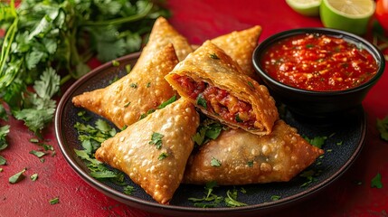 Baked samosas with tofu filling and fresh herbs presented on a red background 