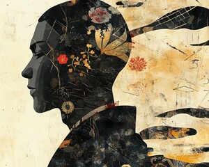 Profile Portrait of a Man with Japanese Inspired Mixed Media Illustration