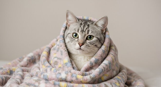 Cozy tabby cat snuggles warmly in soft blanket soft light. AI Generated - Powered by Adobe