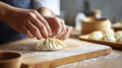 Hand folding dumpling dough with filling, showcasing art of making traditional dim sum. scene captures delicate process, evoking sense of culinary craftsmanship and warmth