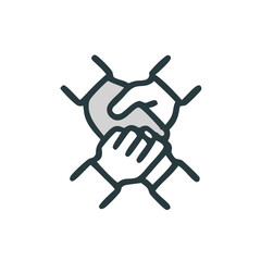Teamwork symbol with three hands clasped behind bars, representing unity and collaboration despite limitations. Suitable for teamwork concept illustrations.