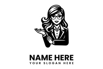 Cartoon illustration of a woman in a business suit presenting with an open hand gesture.