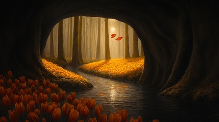 Ethereal forest landscape with a stream flowing through a cave entrance