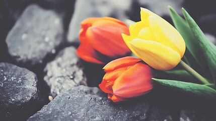 Striking contrast of tulips on stone background offering a serene perspective